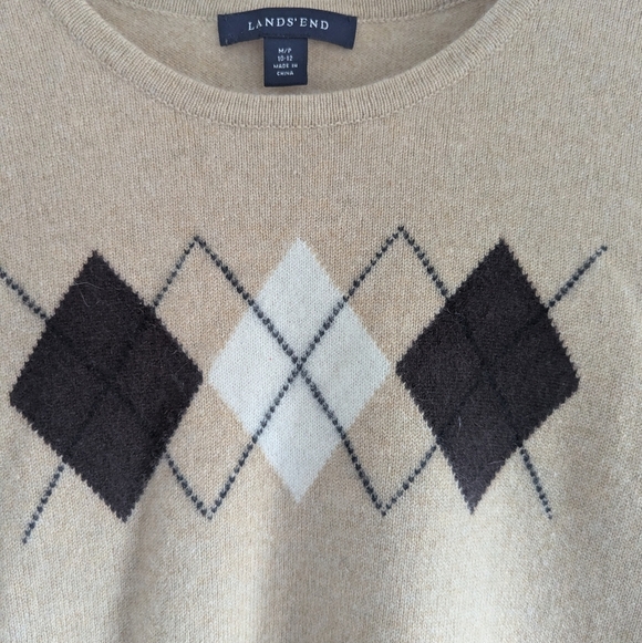 Land's End 100% Cashmere Camel Argyle Crewneck Sweater Womens Size Medium - Picture 3 of 9
